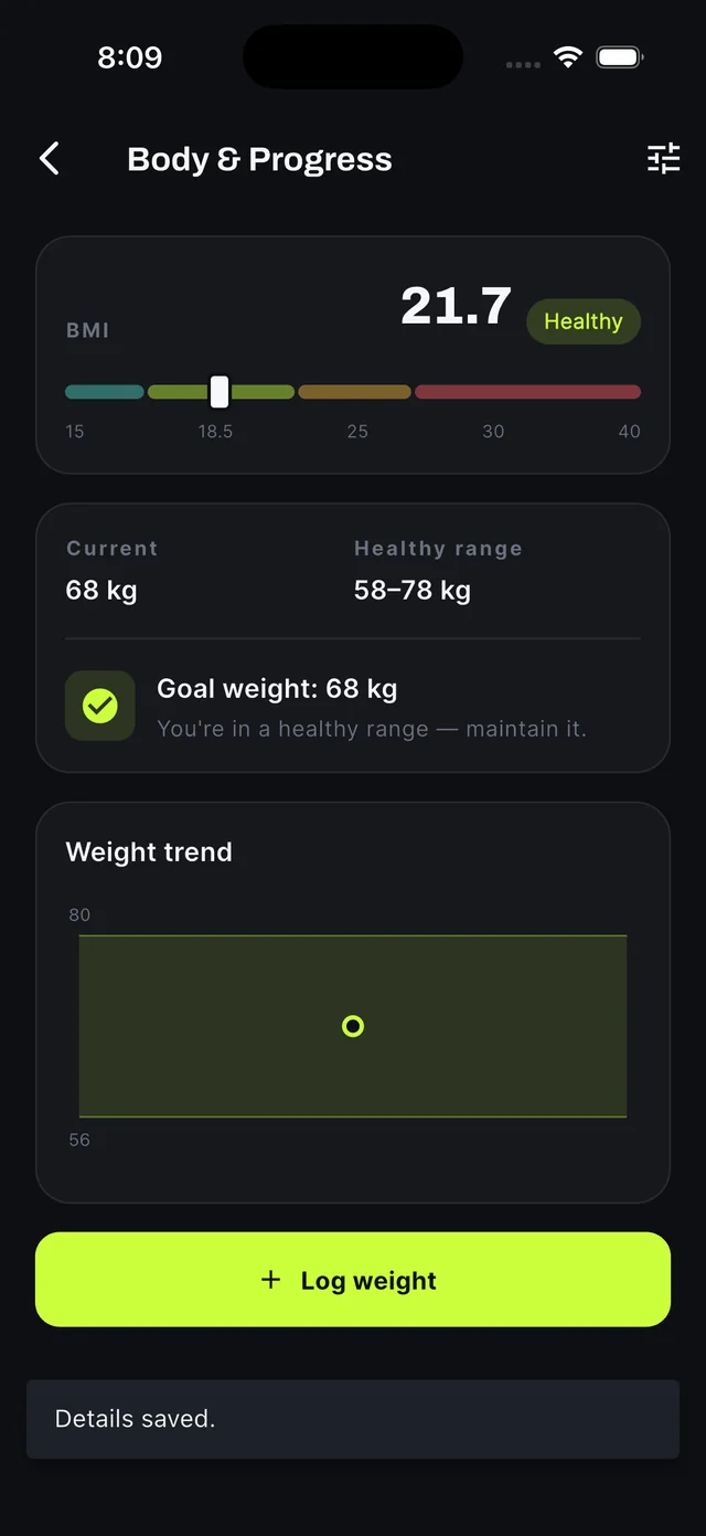 Gymiha Body & Progress screen — BMI, healthy range and weight trend