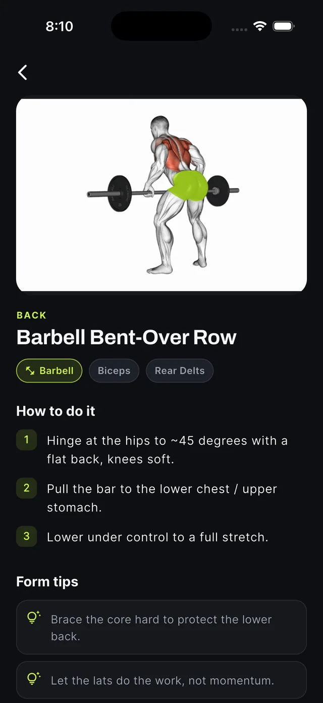 Gymiha exercise screen — Barbell Bent-Over Row with animated demo, steps and form tips