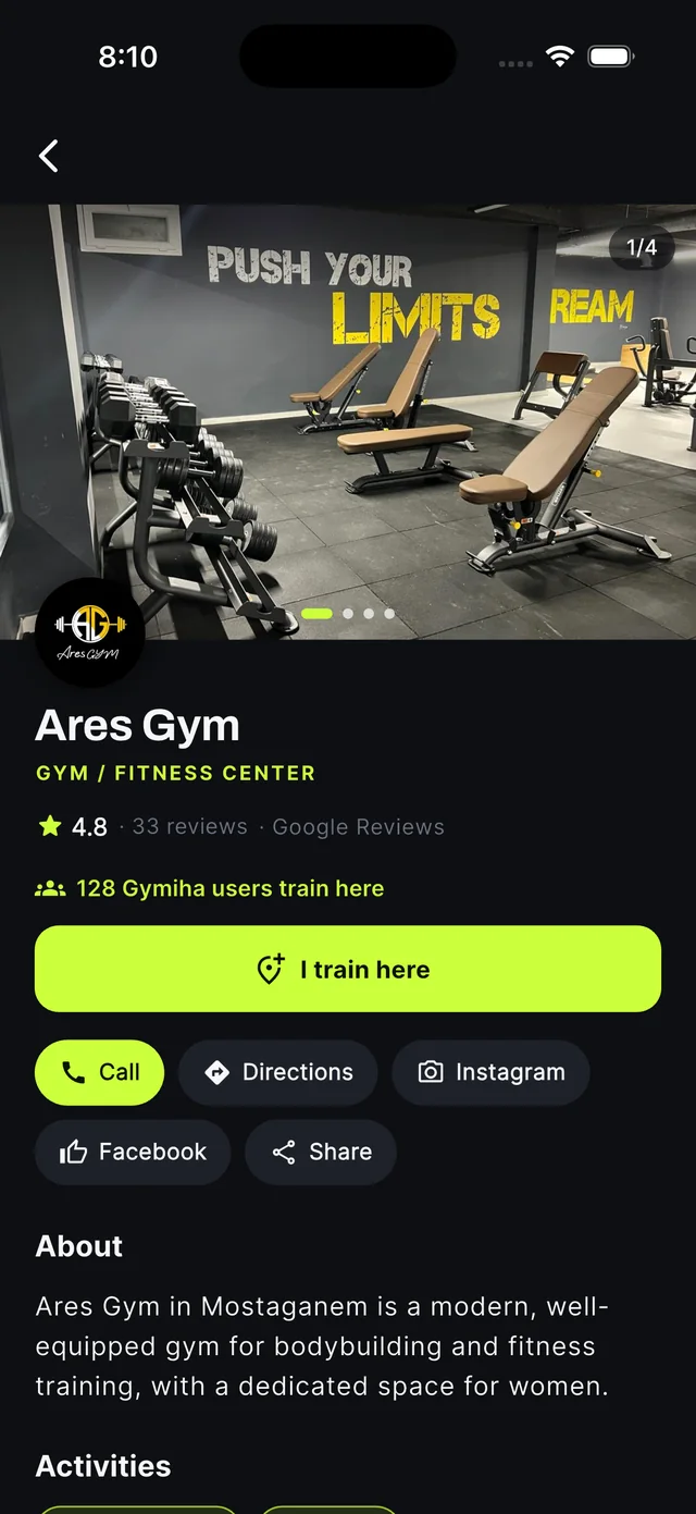 Ares Gym profile inside the Gymiha app — 4.8 stars, photos and members