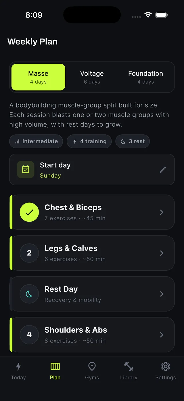 Gymiha Weekly Plan screen — Masse program with workout and rest days