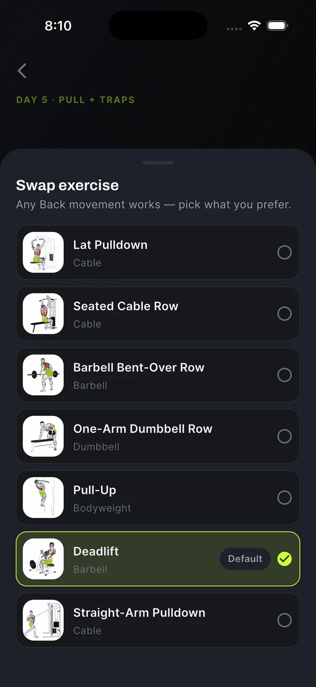 Gymiha swap sheet — every Back alternative for the current exercise